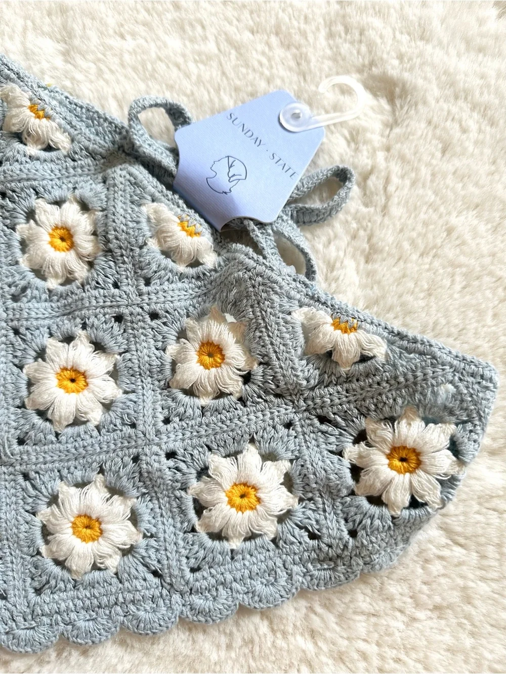 Sunday State Crochet Daisy Bandana in Light Blue and White